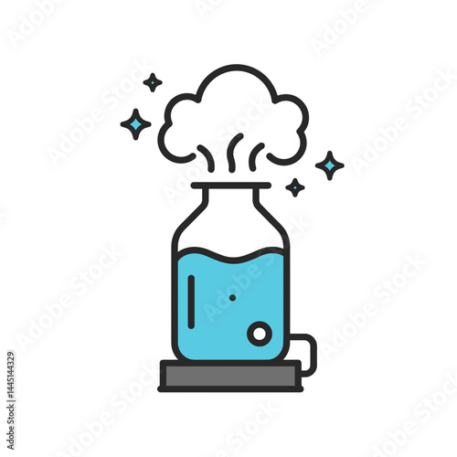 Steam Cleaning Icon with Blue Liquid in Laboratory Flask  