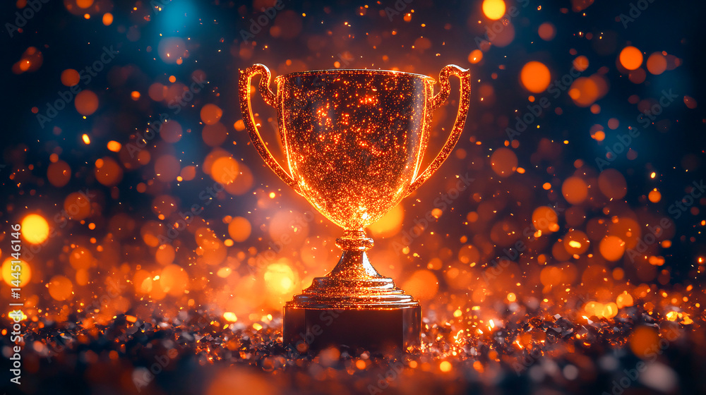 Majestic holographic trophy materializing from swirling golden particles radiant glow translucent geometric design celebratory atmosphere Majestic holographic trophy materializing from swirling golden particles radiant glow translucent geometric design celebratory atmosphere