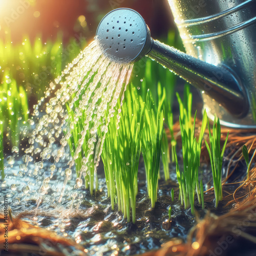 Watering green grass with a metal watering can under sunlight during a bright morning