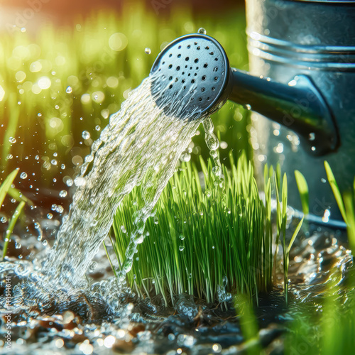 Watering freshly sprouted grass with a metal watering can under warm sunlight in a garden setting