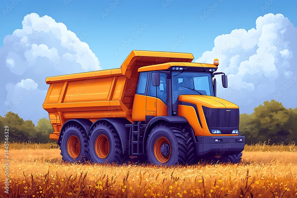 Fototapeta premium Orange farm dumper truck in field