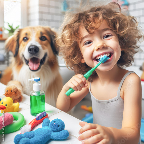 Child enjoys brushing teeth with dog in bright bathroom during morning routine