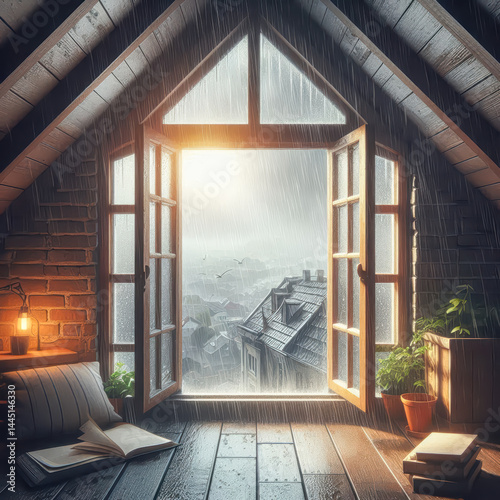 Cozy attic view of rainy cityscape with open windows and comforting interior atmosphere