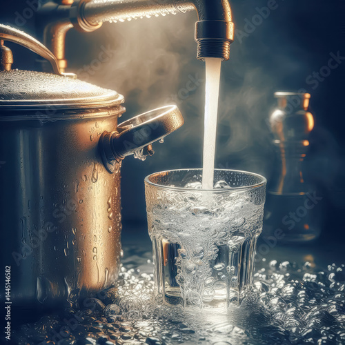 Water pouring from a vintage metal faucet into a glass filled with bubbles in a misty setting