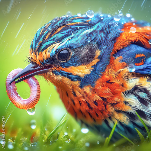 Colorful bird catches worm during rain on a vibrant grass landscape in springtime
