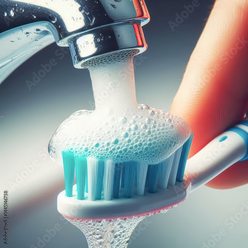 Brushing teeth with toothpaste and water from faucet during morning routine