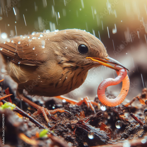 Bird catches a worm in the rain, showcasing nature's feeding behavior amidst droplets and earth