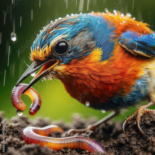 Colorful bird hunting for worms in a rain-soaked forest during a vibrant spring morning