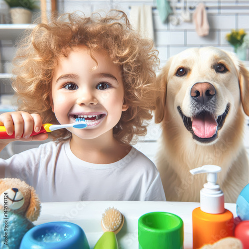 Child brushes teeth while smiling with a dog nearby in a cheerful bathroom setting during morning routine