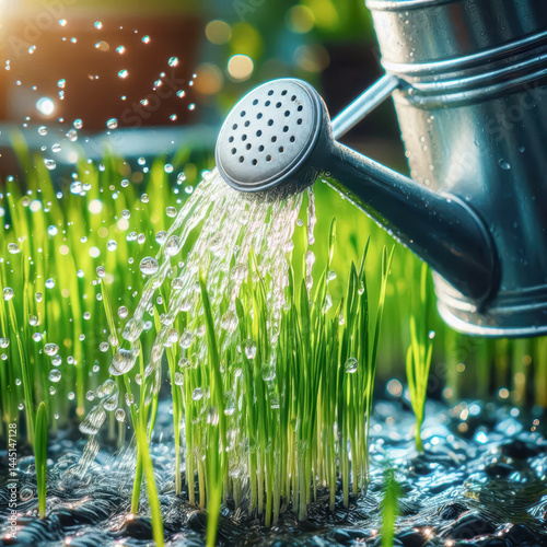 Watering green grass with a metal watering can in a sunny garden during springtime