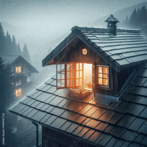Cozy cabin in the rain with warm light glowing from open window in a misty mountain setting