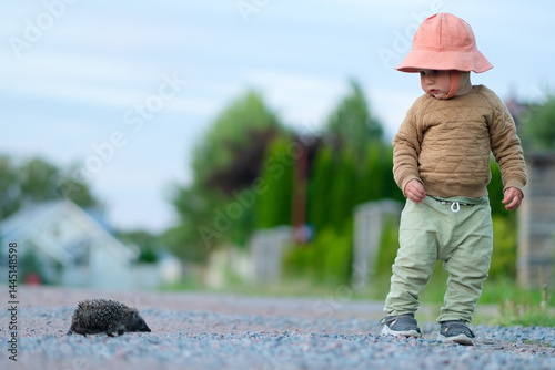 Foto Toddler explores nature while standing near a hedgehog on a rural path