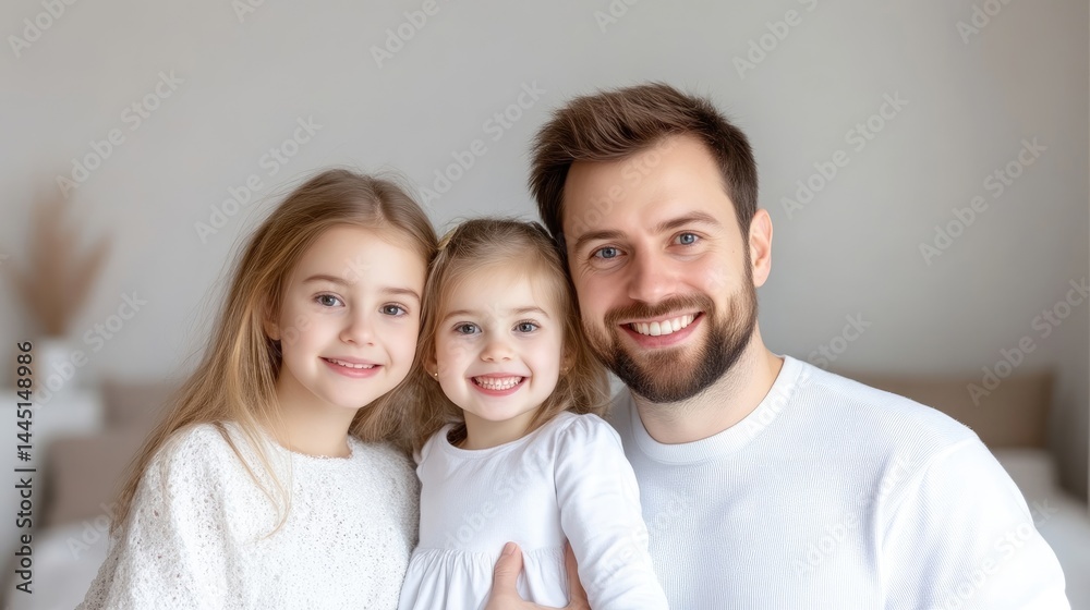 Happy family portrait. Two adorable daughters with their dad Happy family portrait. Two adorable daughters with their dad