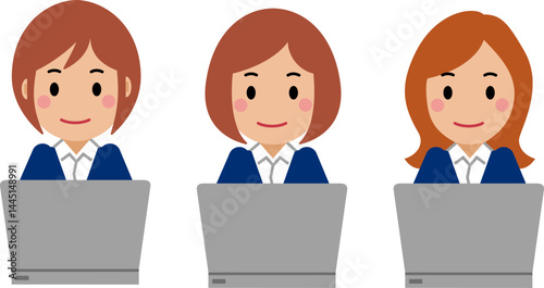 パソコンを操作する紺色スーツの若い女性