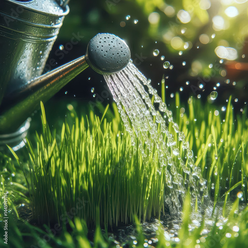 Watering fresh green grass with a watering can in a sunlit garden during early morning hours