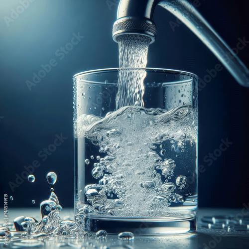 Drinking water fills a glass from a tap with bubbles and reflections in a modern kitchen setting