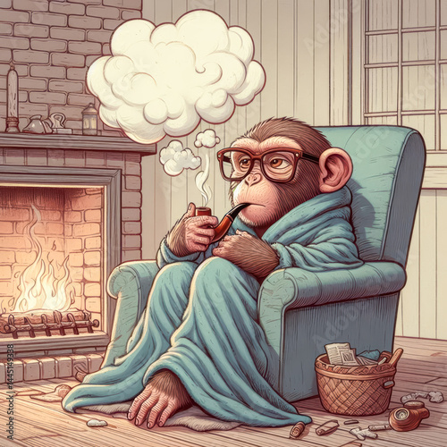 Whimsical monkey enjoys cozy evening with pipe and blanket by the fireplace