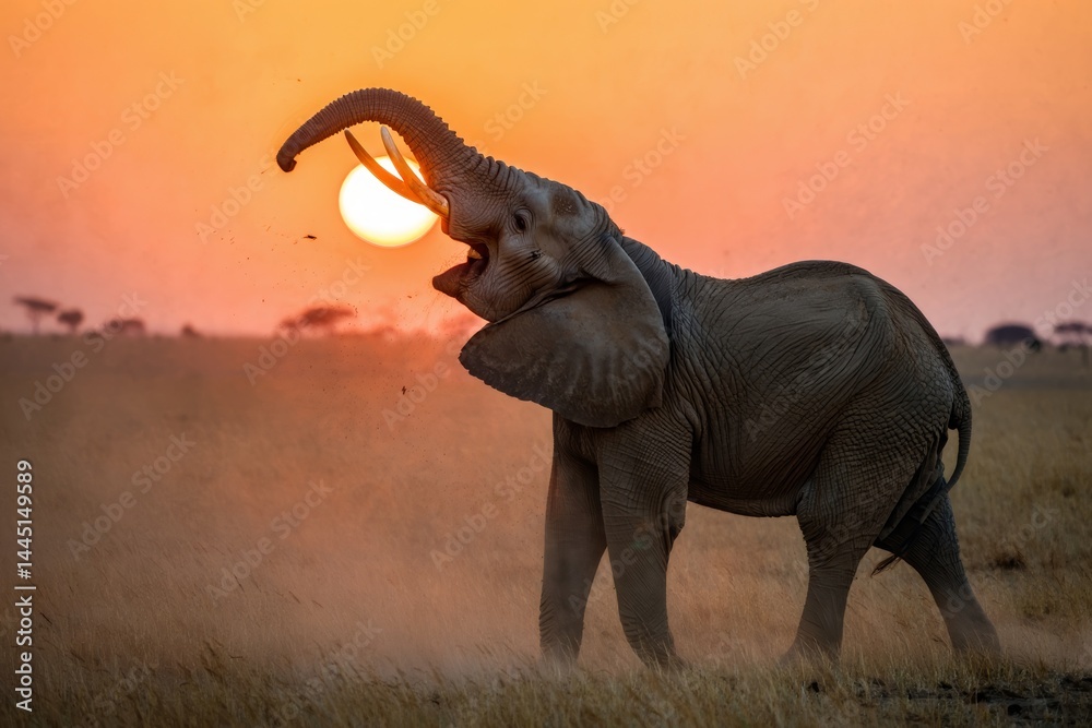Fototapeta premium Elephant trumpeting at sunset on the savannah 
