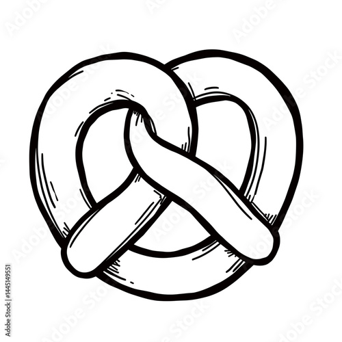 Hand-drawn pretzel illustration in black and white  