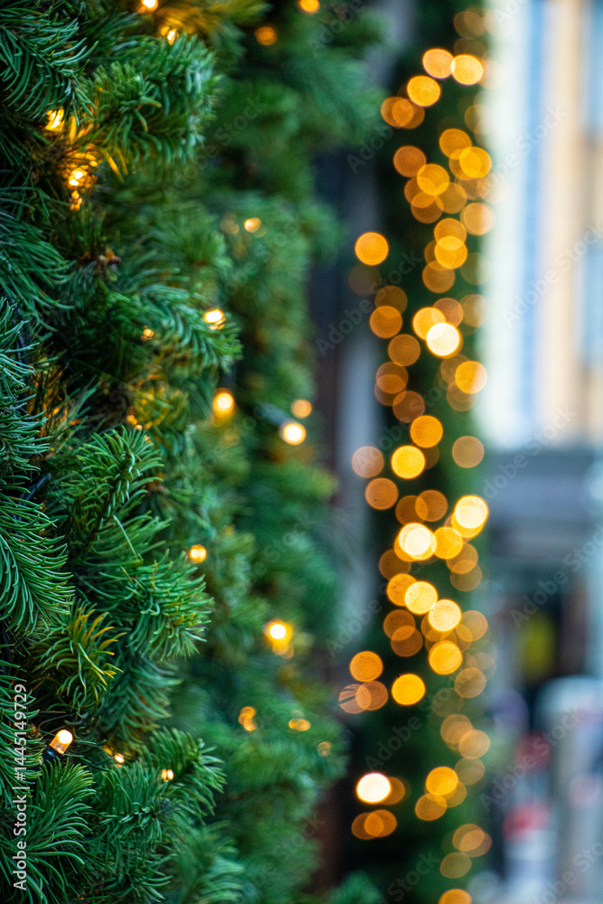 Christmas garland branches with lighting in foreground and blurred backdrop