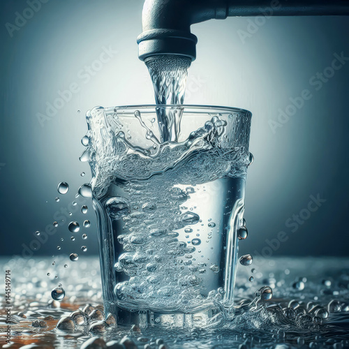 Pouring fresh water into a glass with splashes and reflections in a kitchen setting during the day