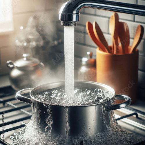 Boiling water in a stainless steel pot on a stove with steam rising in a cozy kitchen setting