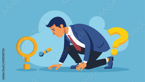 Detect or discover fact, information or analysis, curiosity, research or search in details, exploration or finding solution concept, businessman detective looking through magnifying glass searching.