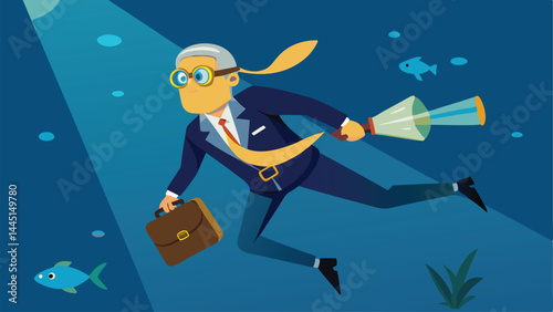 Deep dive analysis, discover business problem and improvement, research and strategy to develop and explore market and optimization, businessman scuba diving with magnifying glass in deep blue ocean.