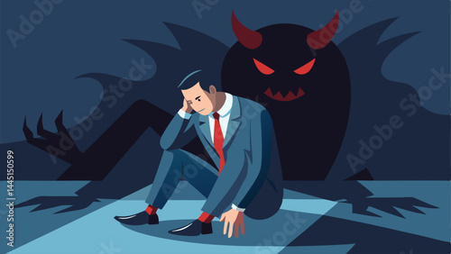 Fear, anxiety or panic attack, afraid of mistake, scared or nightmare suffering, depression or dread, worry or trouble causing distraught concept, fearful businessman afraid of evil monster shadow.