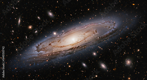 Spiral galaxy, vast and luminous, with intricate dust lanes and numerous stars scattered throughout the inky void