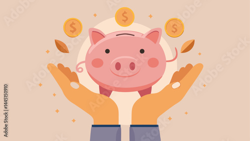 Frugality, savings for prosperity or financial success, building wealth or thrifty, budgeting or cut spending to save money for future concept, money dollar coins drop into hand holding piggy bank