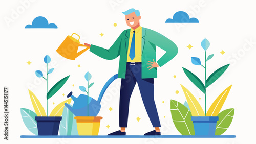 Grow business, growth or increase revenue income, personal development, growth mindset or investment profit, prosperity concept, businessman watering seedling plant with growing green growth arrow.