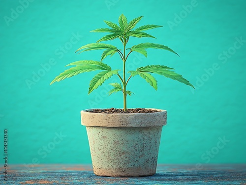 Young cannabis plant in a terracotta pot against a teal background
