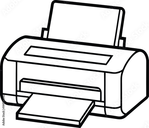 Black and white illustration of a printer with a sheet of paper coming out of the front. The printer features a top feed and an angled surface, showcasing a simple, compact design 
