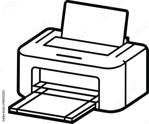 A simple line drawing of a printer with a paper tray. The printer features a flat top where paper is loaded, and it has a small opening from which printed pages emerge. The design is minimalist.