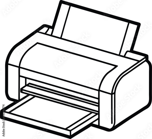 A monochrome illustration of a printer, showing its side profile with visible paper tray and input slots. The printer features a streamlined design, with a top cover slightly ajar