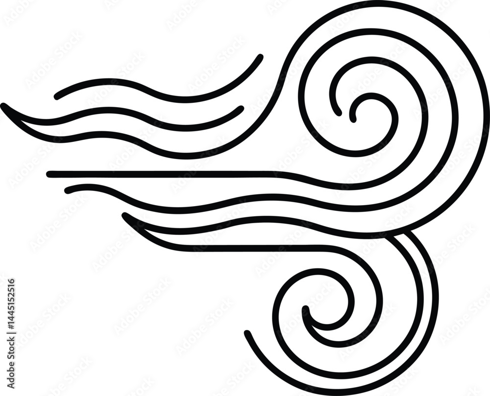 Fototapeta premium Stylized black line drawing of swirling wind, featuring curved, flowing lines that evoke movement and air. The design includes a prominent spiral element, suggesting a dynamic and fluid motion.