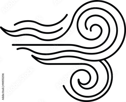 Stylized black line drawing of swirling wind, featuring curved, flowing lines that evoke movement and air. The design includes a prominent spiral element, suggesting a dynamic and fluid motion.