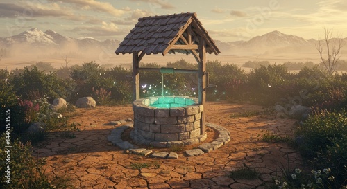 Wishing Well with Glowing Water in a Sunny Landscape Setting photo