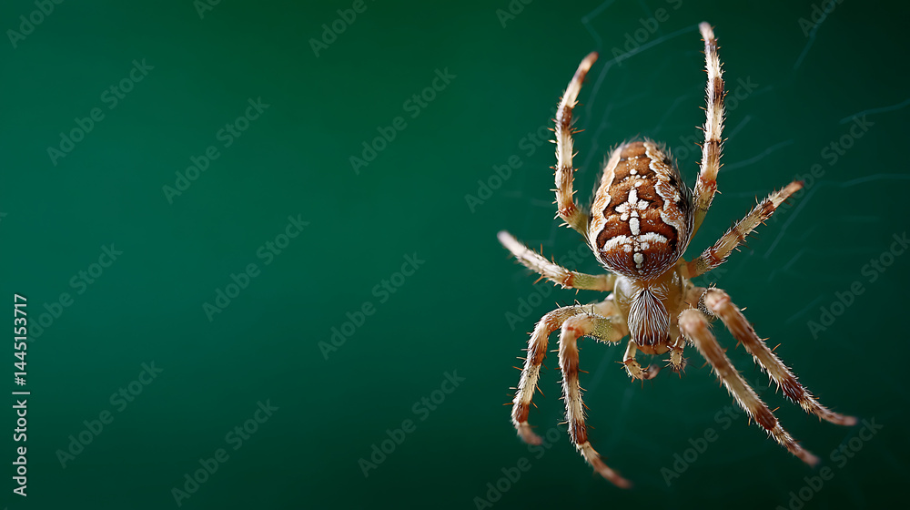 Close-up of a spider on its web against a green background, showcasing intricate details Close-up of a spider on its web against a green background, showcasing intricate details