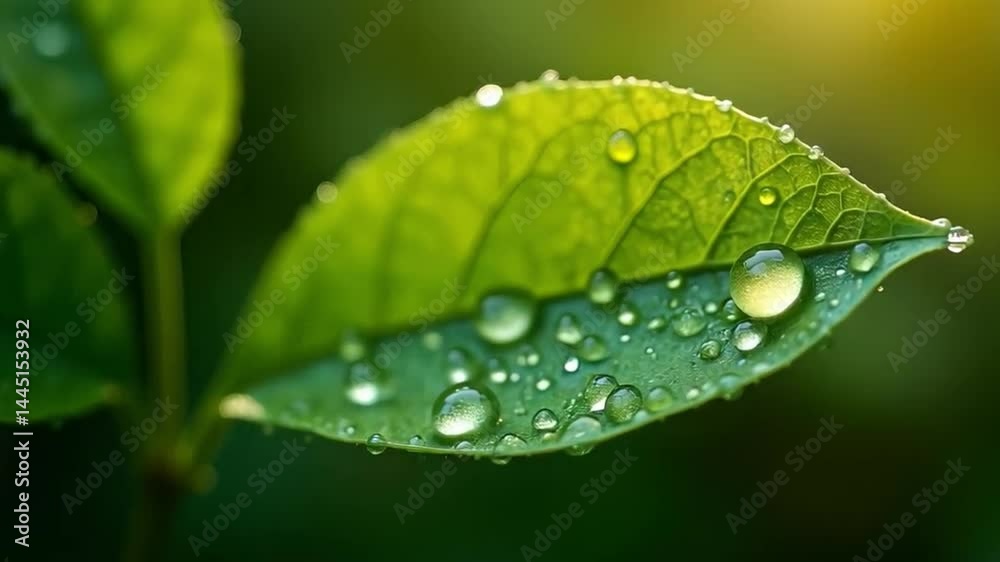 Close-up of Green Leaf with Water Droplets Shimmering in the Morning Sunlight