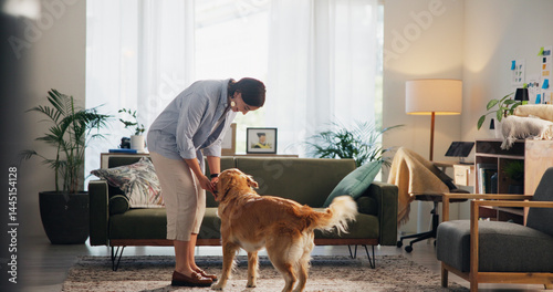 Photography Love, care and dog with woman living room for petting, bonding and loyalty