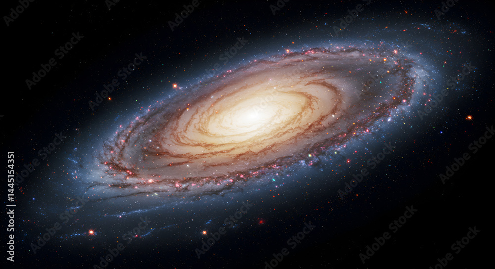 Spiral galaxy with swirling arms and vibrant colors. Vast expanse of space with numerous stars Spiral galaxy with swirling arms and vibrant colors. Vast expanse of space with numerous stars