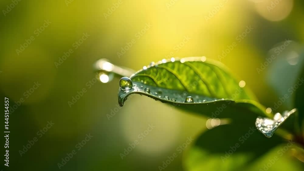Water droplets clinging to a vibrant green leaf, reflecting the morning sun Water droplets clinging to a vibrant green leaf, reflecting the morning sun