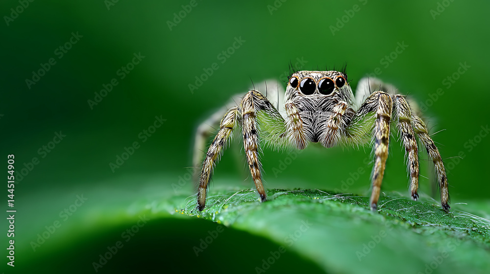 Close-up of a spider perched on a green leaf, showcasing its intricate details and natural habitat Close-up of a spider perched on a green leaf, showcasing its intricate details and natural habitat