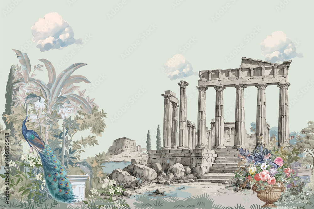 custom made wallpaper toronto digitalGreek temple ruins, vibrant peacock, and floral vase under a pastel sky, classical architecture with nature landscape illustration for print