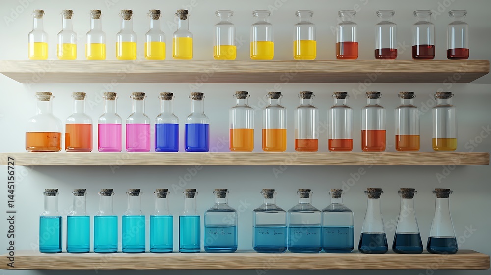 Colorful liquids in glass bottles on shelves Colorful liquids in glass bottles on shelves