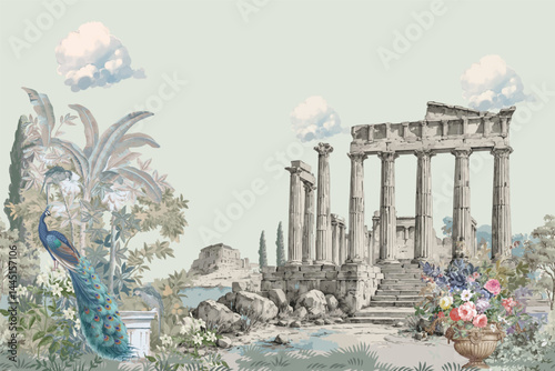 Wallpaper Mural Greek temple ruins, vibrant peacock, and floral vase under a pastel sky, classical architecture with nature landscape illustration for print Torontodigital.ca