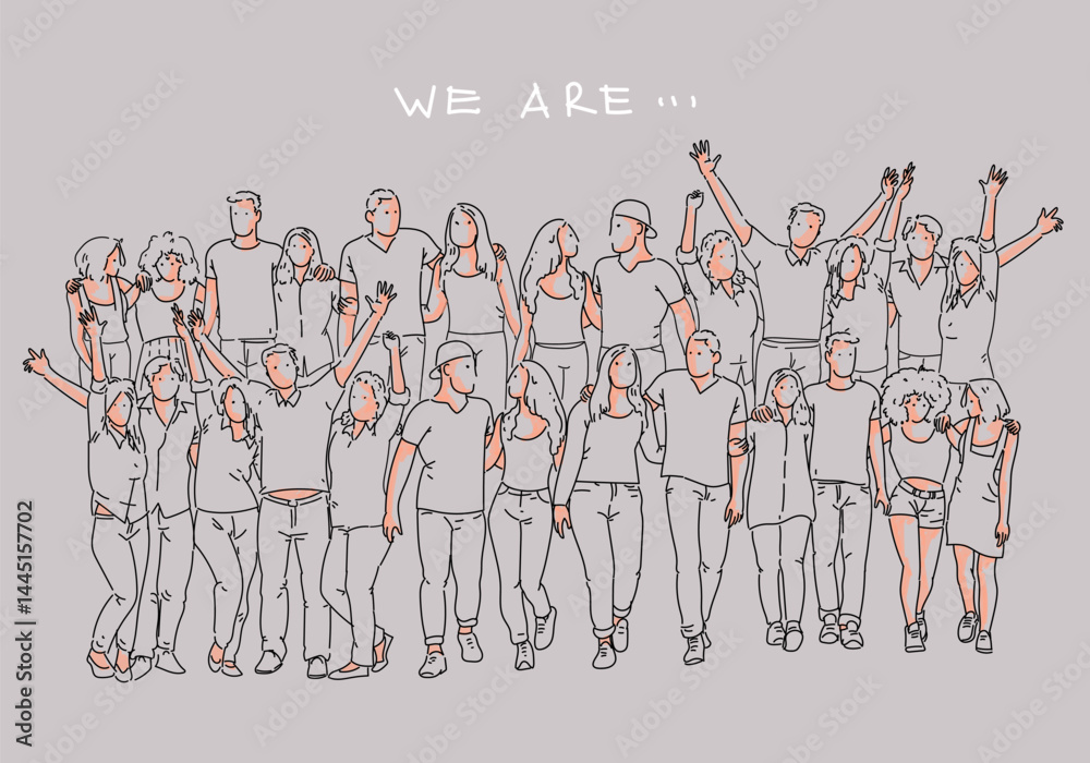 Group of people line drawing with simple color sketch vector illustration. Outline people relationship, business team, employees, social concept.