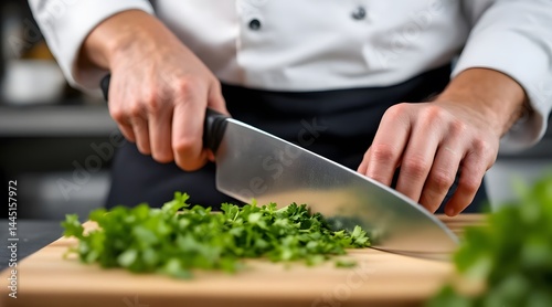Chef's Hands Precisely Chopping Fresh Parsley on Wooden Board
